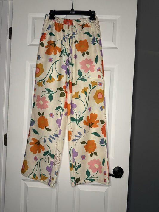 Unbranded Floral Drawstring Pants Cream W Multicolor Floral Print Nwt 46