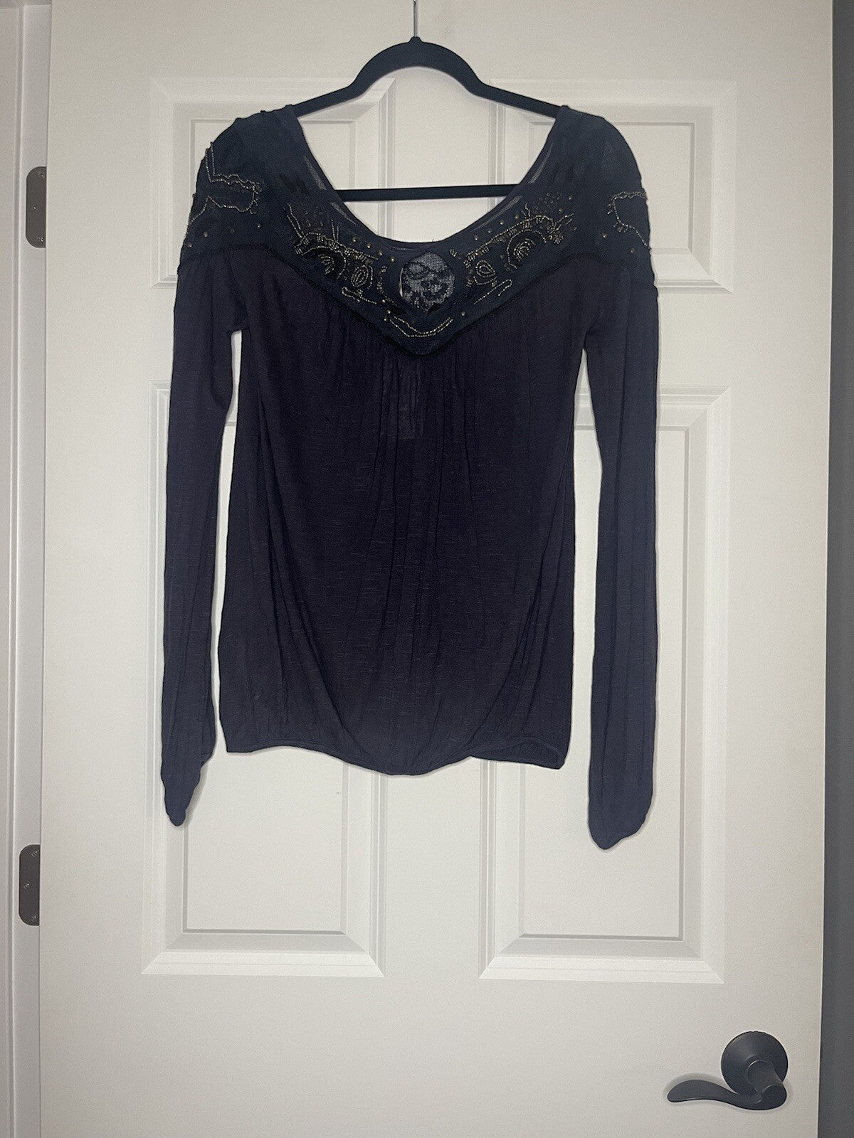 Free People long sleeve navy blouse with lace and beading NWT $98