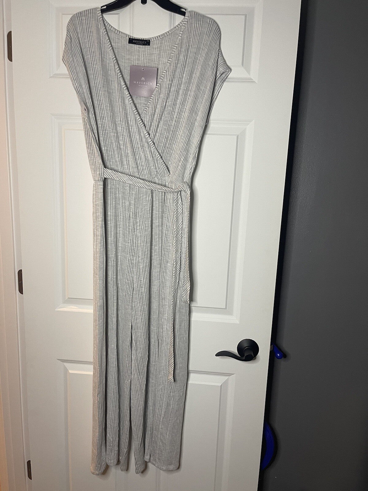 Maverick the collection short sleeve jumpsuit large gray white stripe nwt