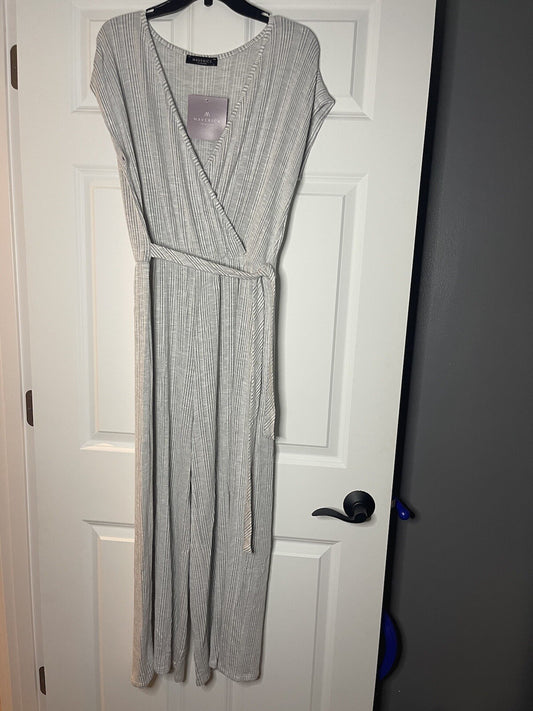 Maverick the collection short sleeve jumpsuit large gray white stripe nwt