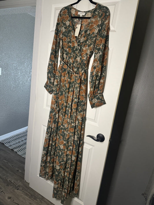 Big Hit Fashion Long Sleeve Dress A Belt Green W Rust Taupe Floral Nwt