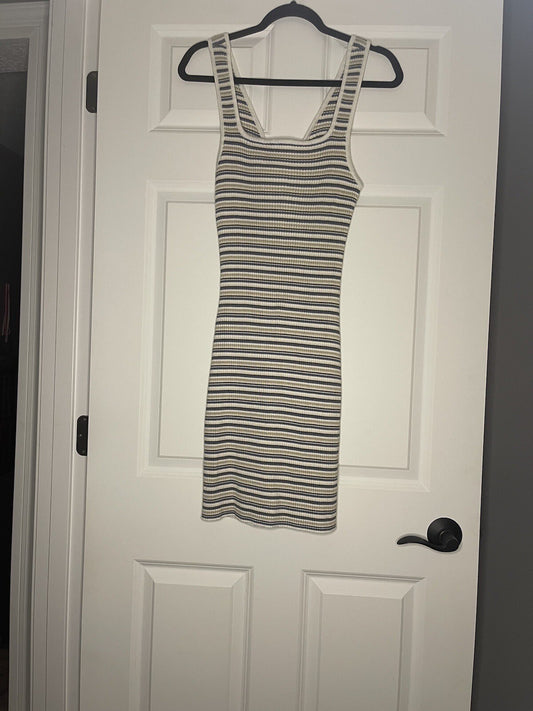 Abercrombie And Fitch Sleeveless Dress Large Tall Ribbed Cream Blue Beige Stripe