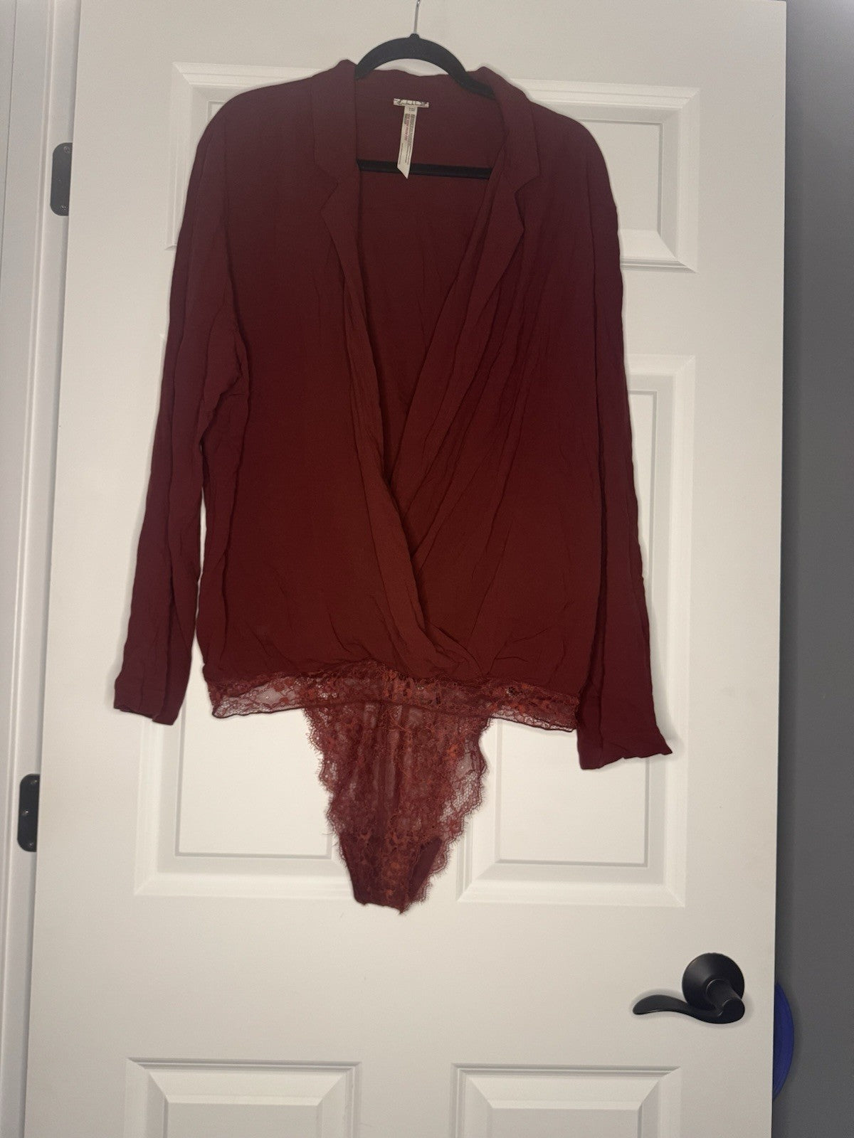Free People Intimates Long Sleeve Bodysuit Large Red W Lace Bottom