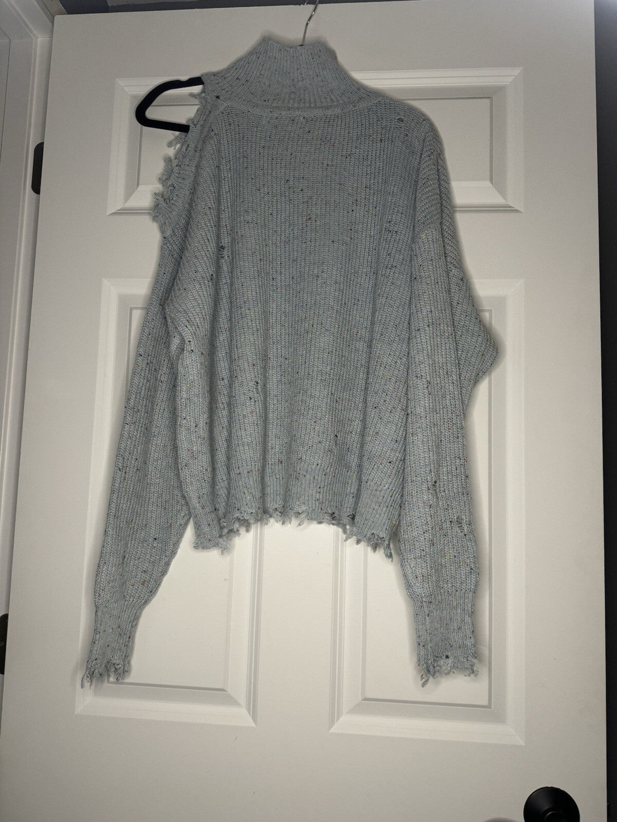 Zenana Sweater Xl Light Blue W Mix Distressed Cut Out Shoulder 