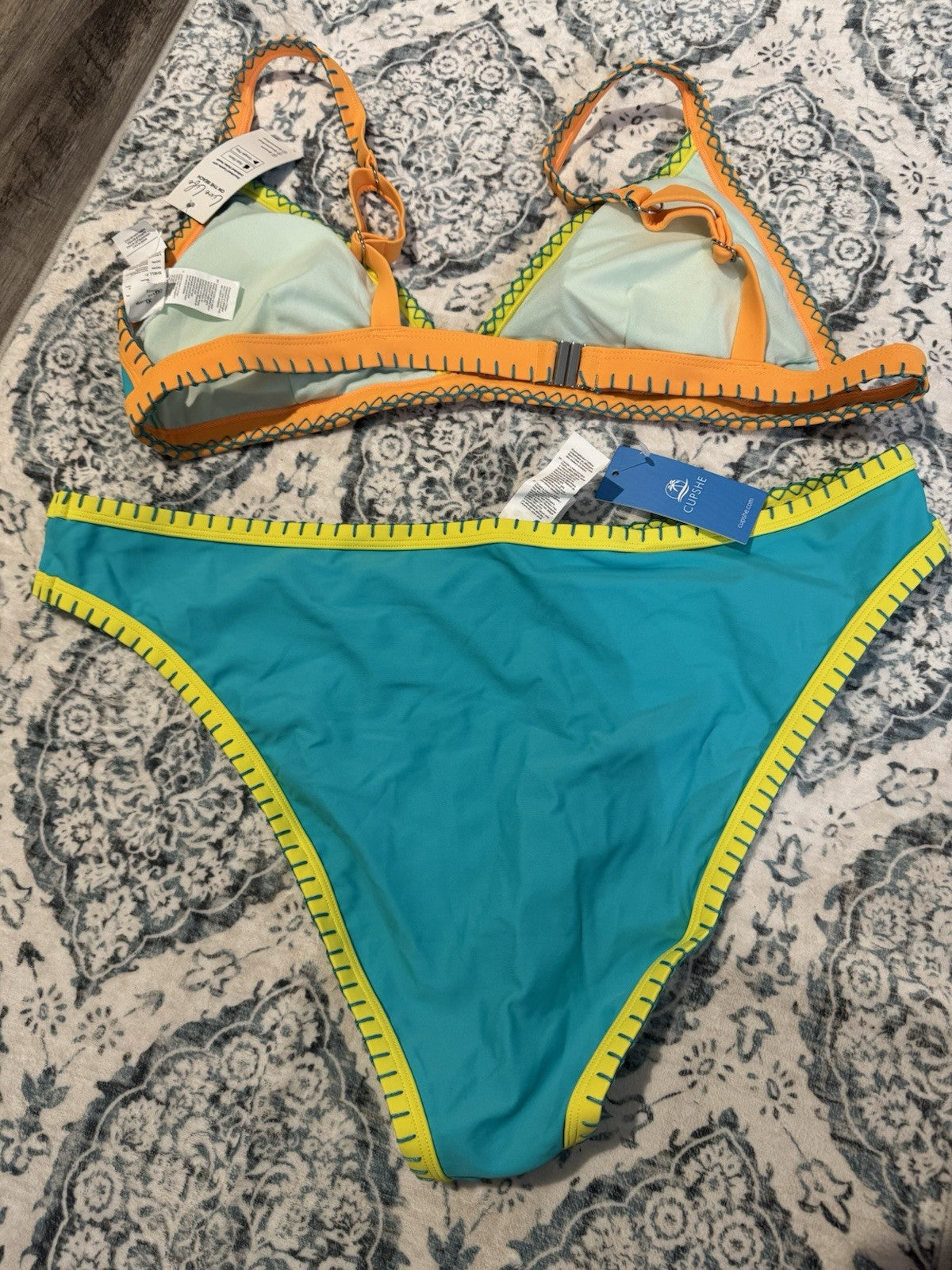 Cupshe 2 Piece Bikini Teal Neon Yellow Orange Xl Nwt