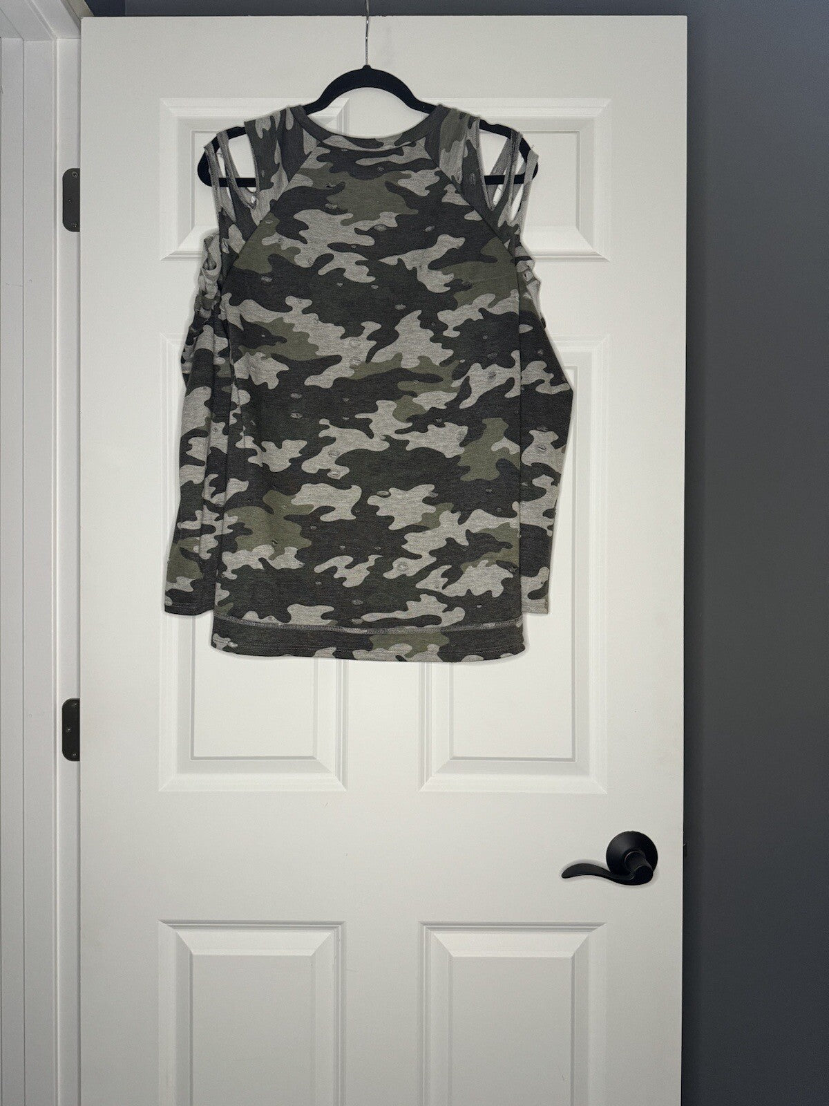 Mts Long Sleeve Blouse Cut Out Shoulders Distressed Camo Print 