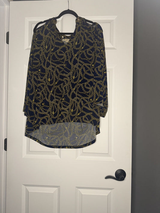 Michael Kors 3/4 Sleeve Blouse Cut Out Shoulders 3x Navy W Gold Chain Print 