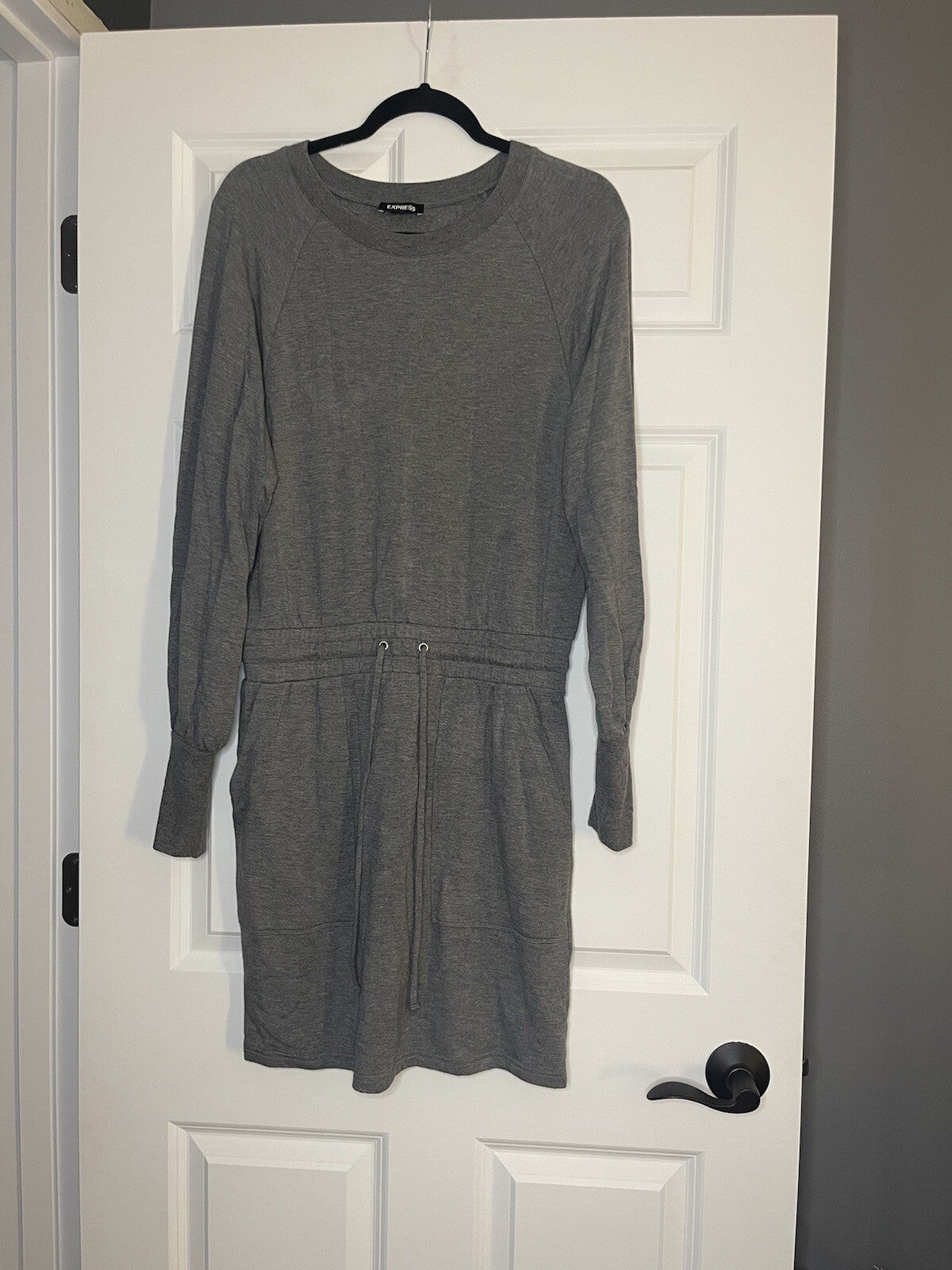 Express sweatshirt dress small gray with pockets & drawstring waistband 
