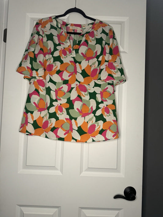 Doe And Rae Short Sleeve Blouse 1xl White Pink Green Floral Print