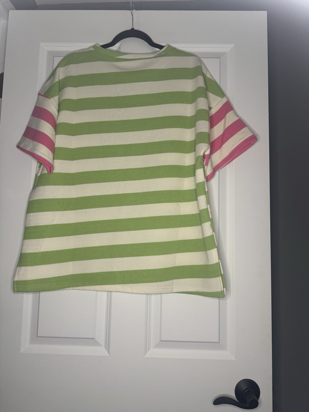 First Love Short Sleeve Sweater Medium Green Cream Pink Stripe Side Slits Nwt 56