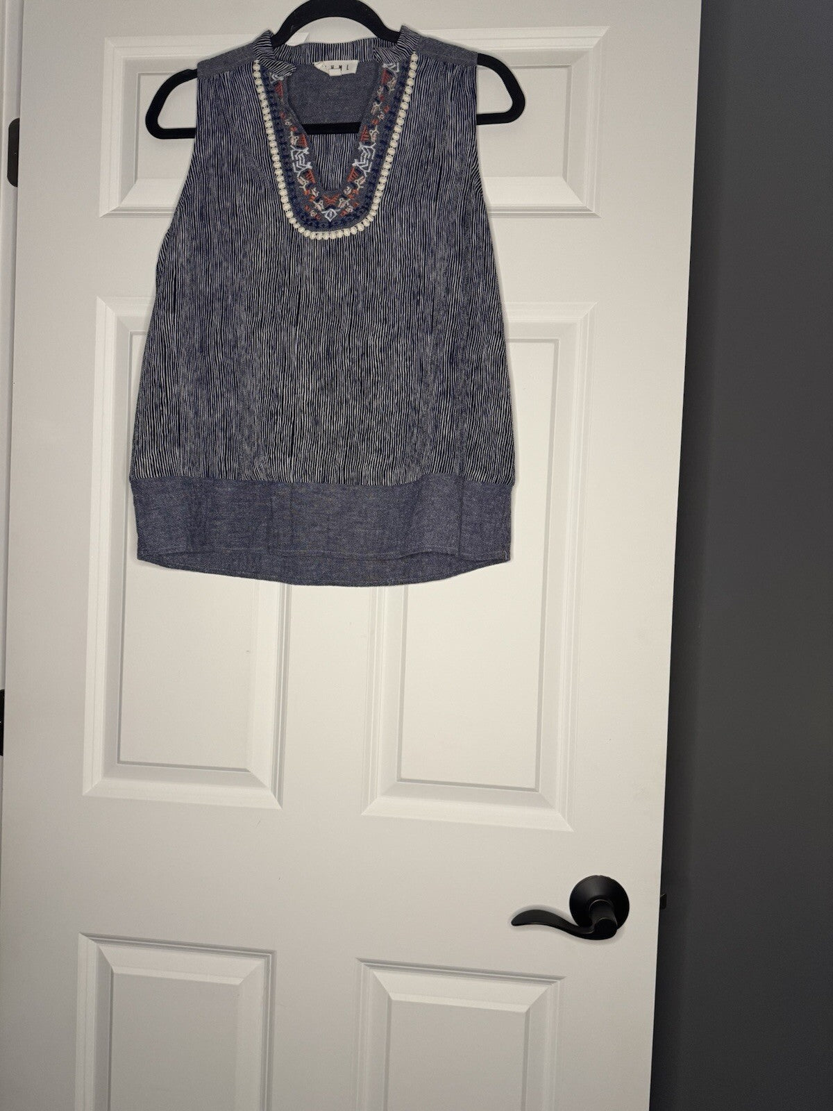 Thml Sleeveless Blouse Small Blue White Stripe W Multi Stitching