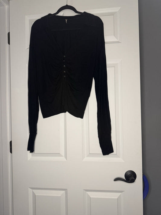 Free People Large Collared Long Sleeve Black Blouse