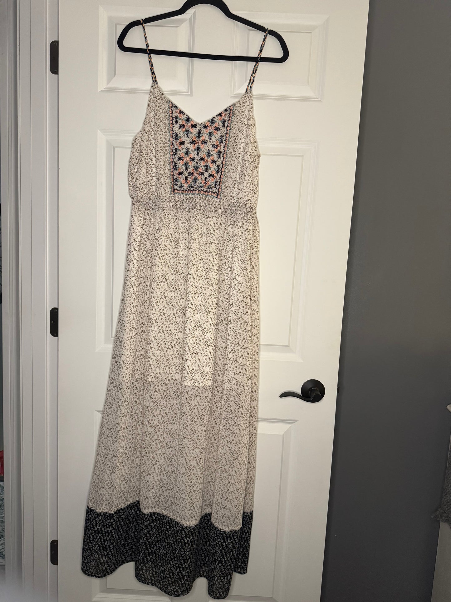 Skies are blue maxi dress large cream w brown print multi stitching