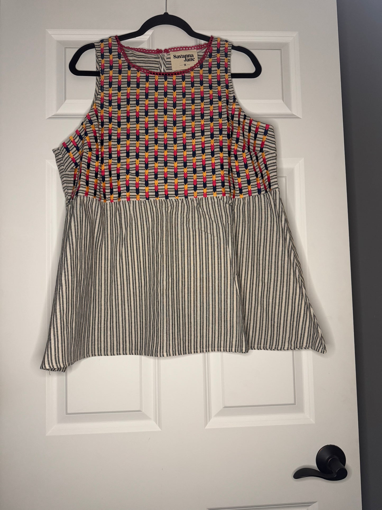 Savanna Jane sleeveless top blue cream stripe w blue orange pink stitching 1x nwt