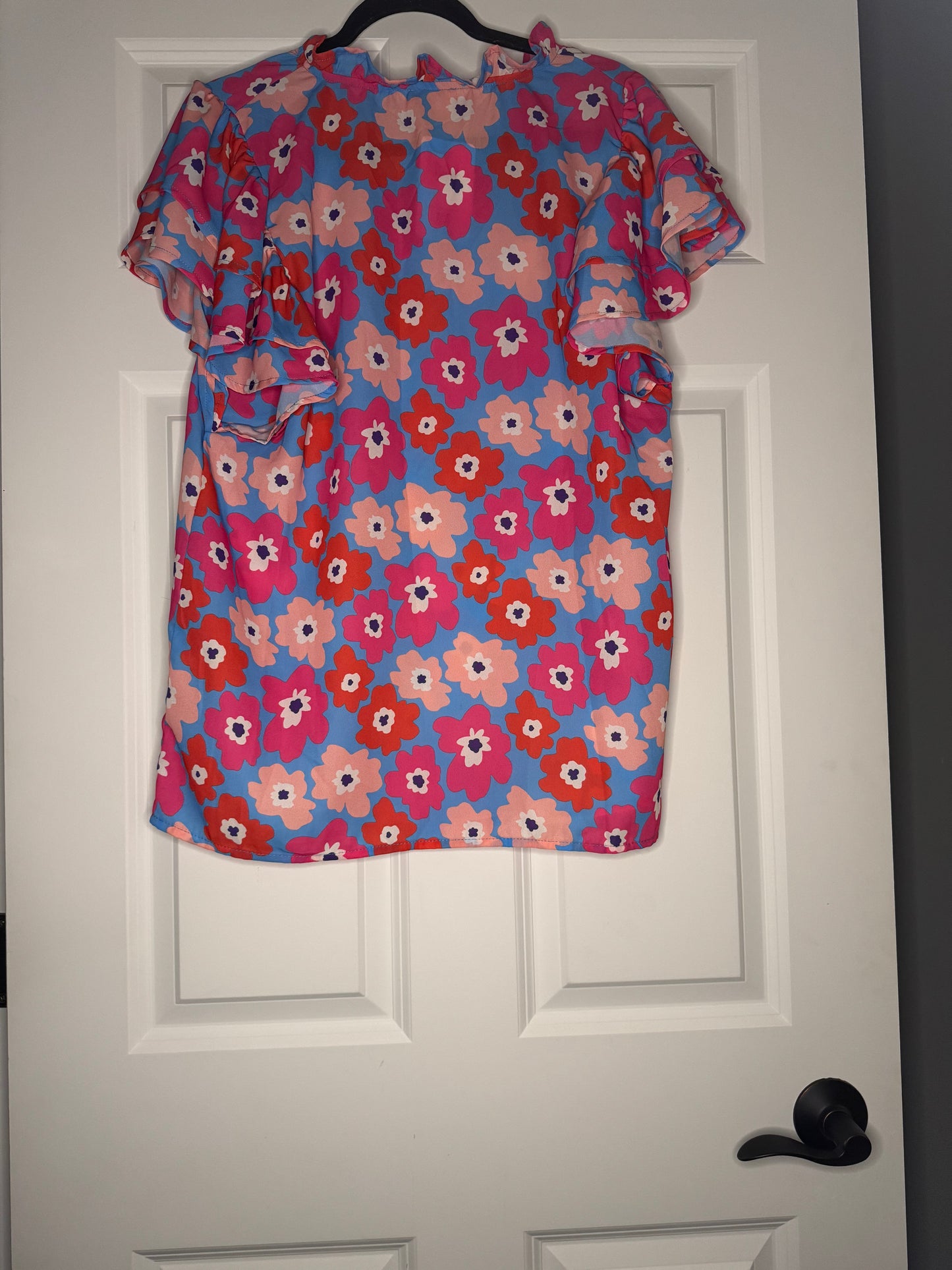 Bibi short Ruffle sleeve blouse xl blue with pink white peach red floral nwt 38
