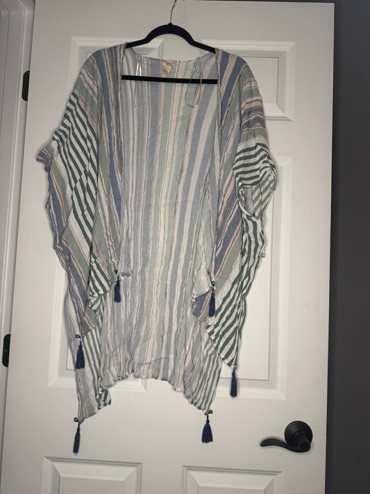 Hem and thread one size kimono green blue brown cream