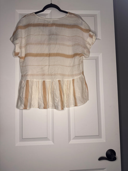 Blue pepper short sleeve blouse cream and brown large decor buttons nwt 30