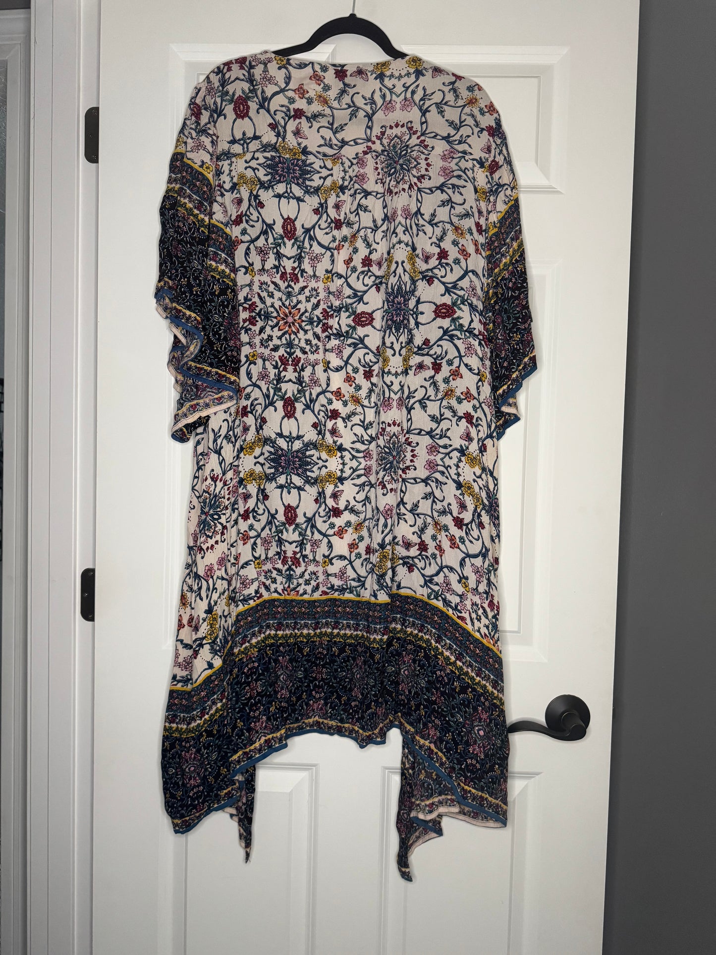 Angie large short sleeve long kimono black white multi floral print