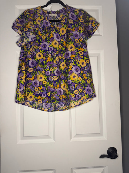 Les amis short sleeve blouse large purple yellow green floral