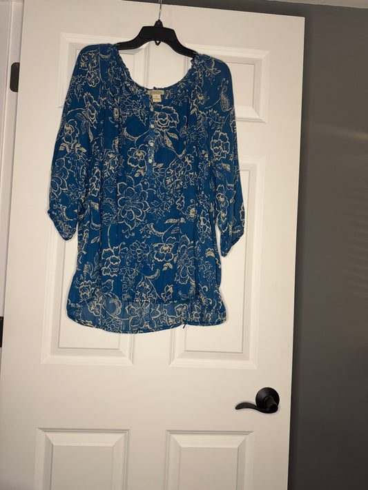 Lucky brand 3/4 sleeve blouse blue beige floral 2x