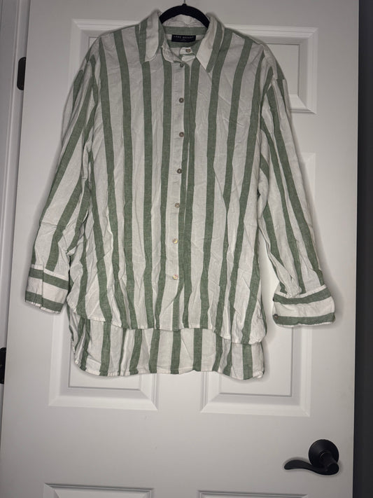 Lane Bryant long sleeve button up blouse 14/16 green white striped