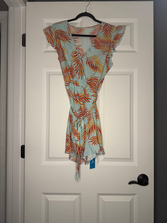 Cupshe large romper light blue green w orange and red palm print w belt new with tags