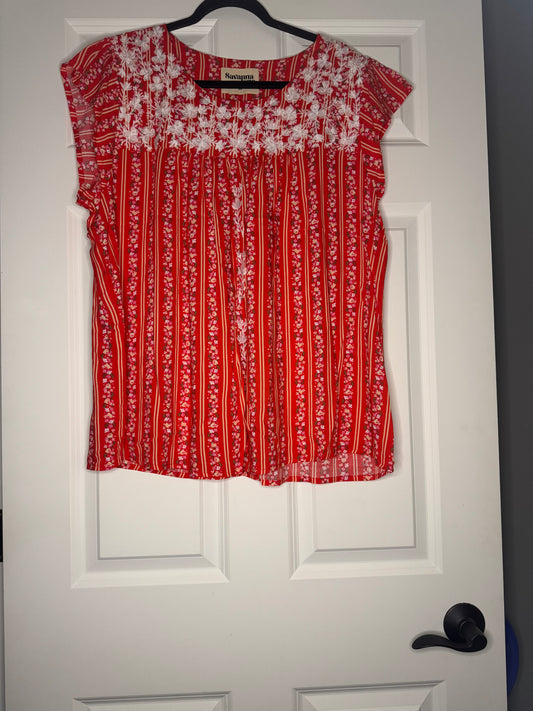 Savanna Jane short sleeve blouse 2x red with peach white green floral stitching