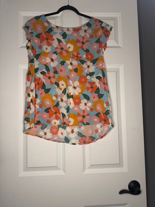Les Amis short sleeve blouse large light blue w pink white orange green floral rayon nwt 34