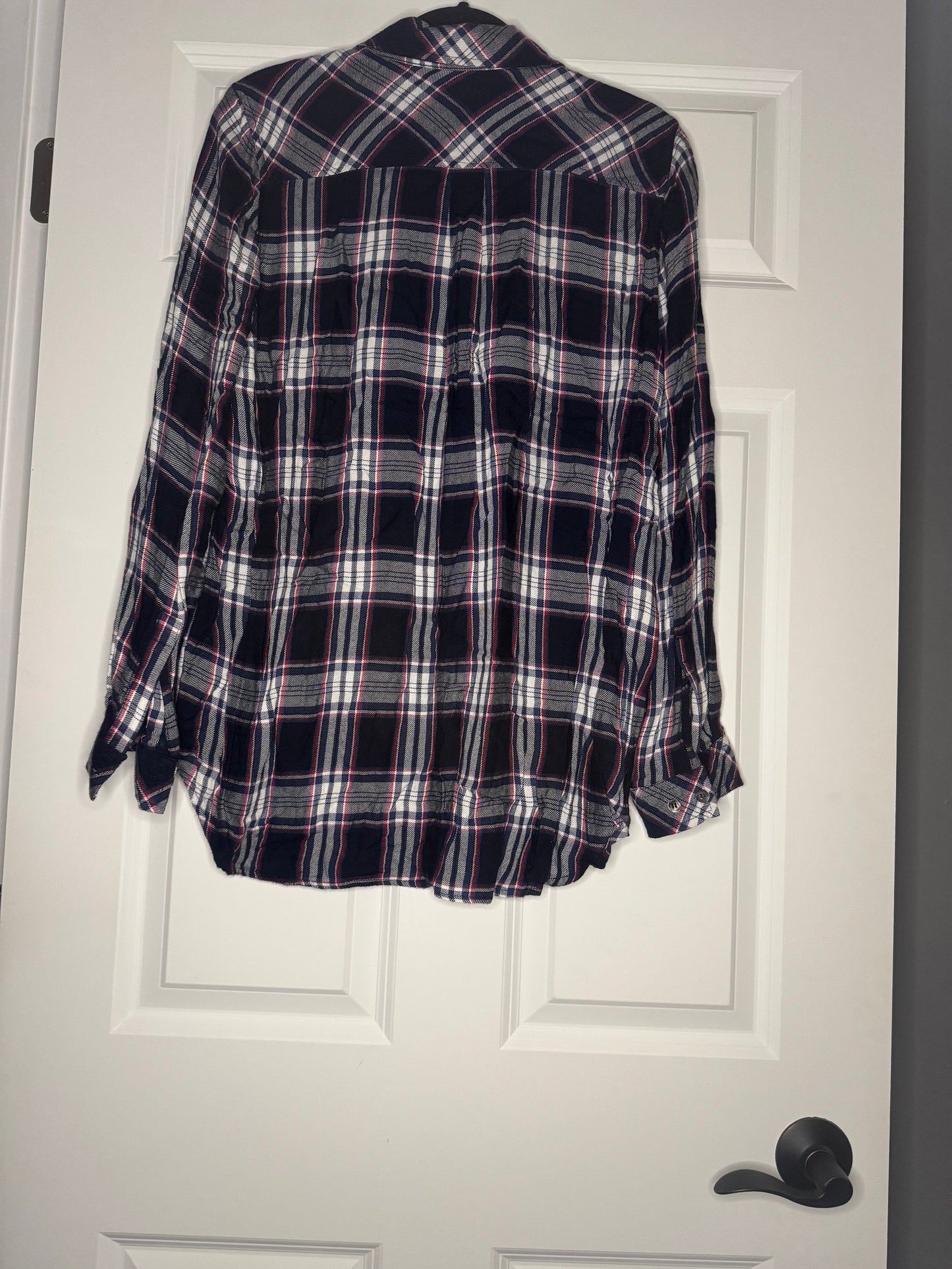 Laju long sleeve button up blouse blue white red plaid large