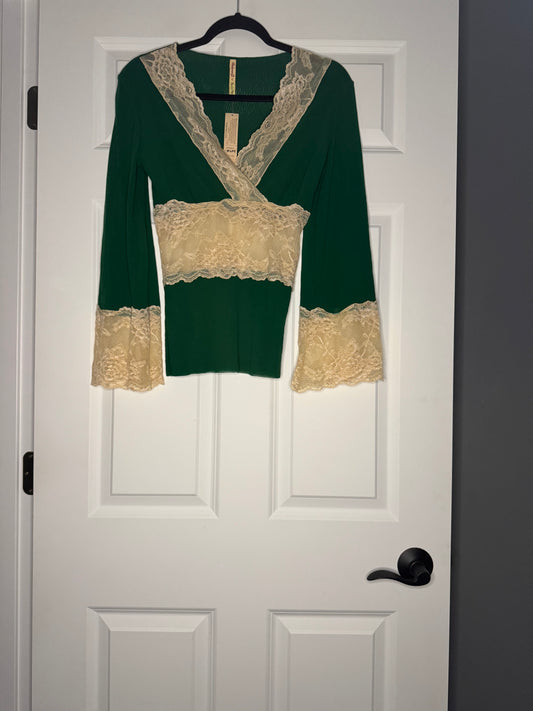 Petit pois Viviana g long sleeve lace blouse small green cream nwt
