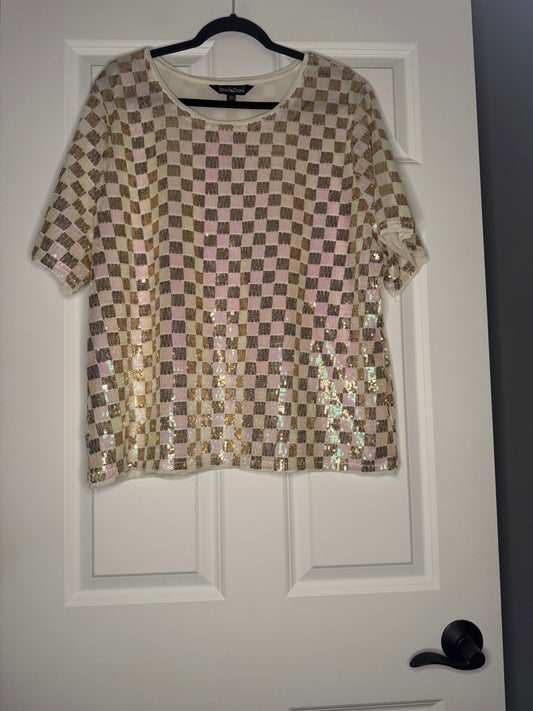 Davi and Dani short sleeve blouse cream gold pink sequins 1xl