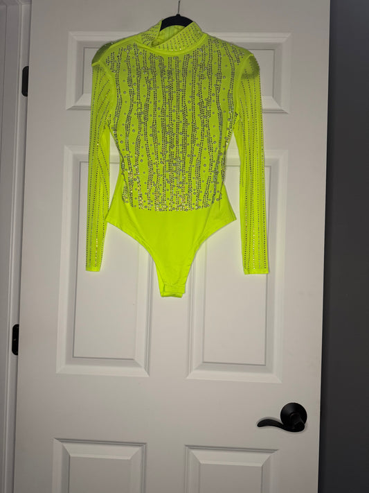 Blue buttercup sheer bodysuit small neon yellow green w multi exclusive beading
