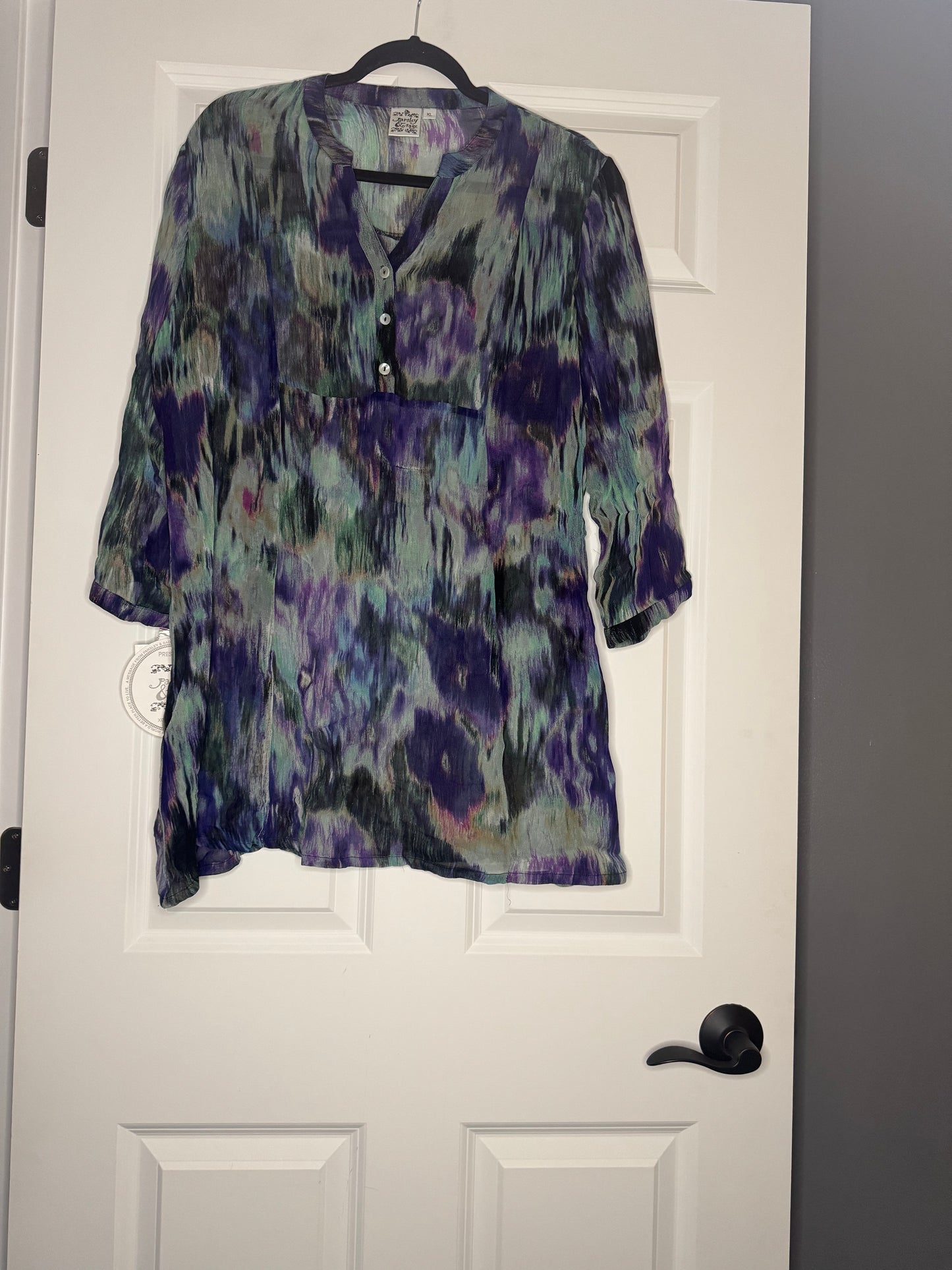Parsley and sage long sleeve sheer blouse xl green purple taupe print nwt 52