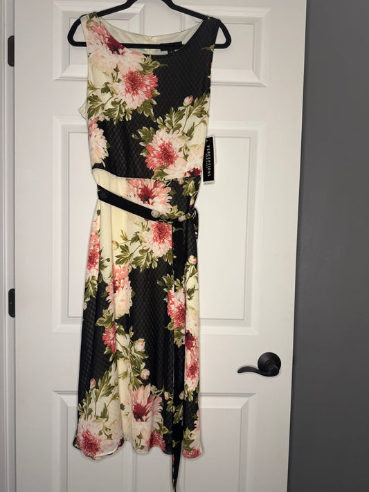 Perceptions New York sleeveless dress w belt size 14 cream black w pink green floral nwt $74