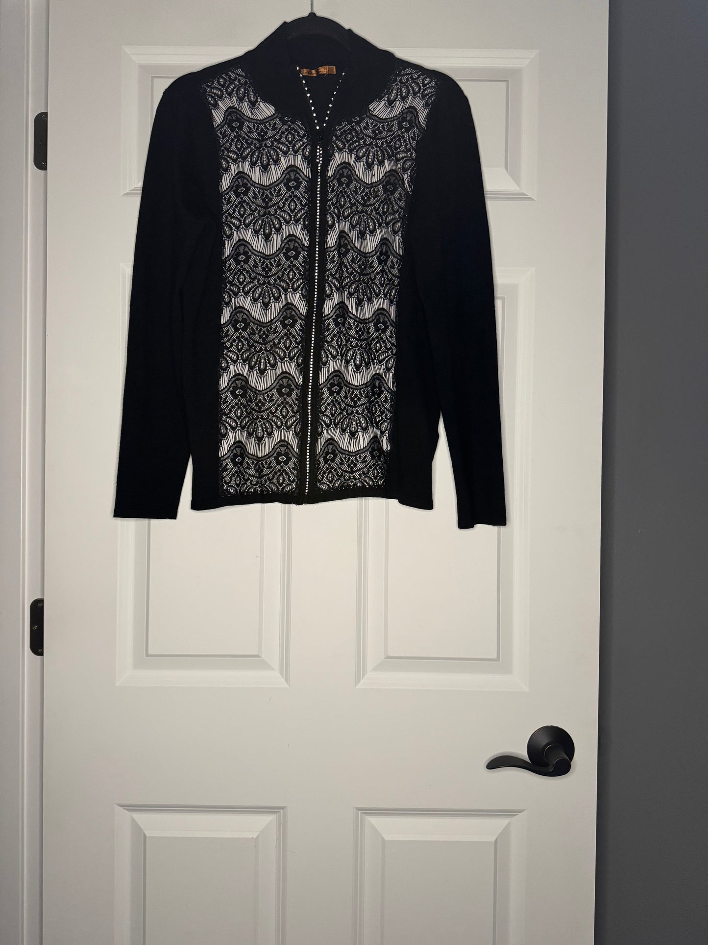 Belldini cardigan sweater large black w lace cut outs & beaded zipper