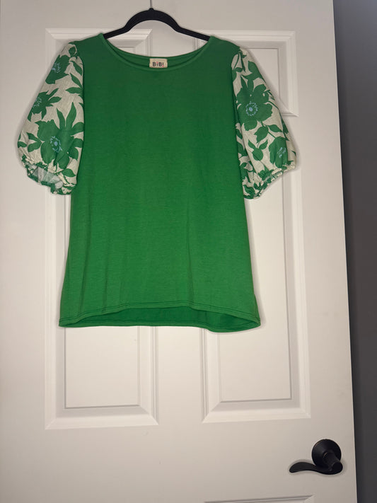 Bibi short poofy sleeve blouse xl green w cream blue green sleeves