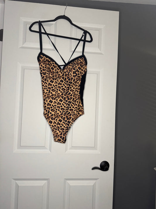 Unbranded one piece swimsuit black brown animal print tie up back xl nwot
