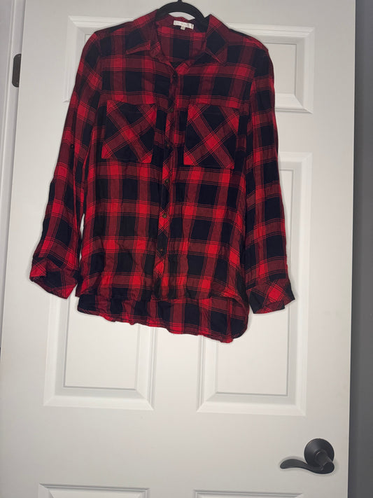 Laju long sleeve button up blouse large red navy plaid