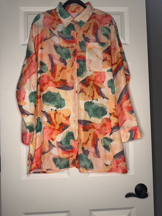 Unbranded long sleeve button up xl peach red pink orange green floral