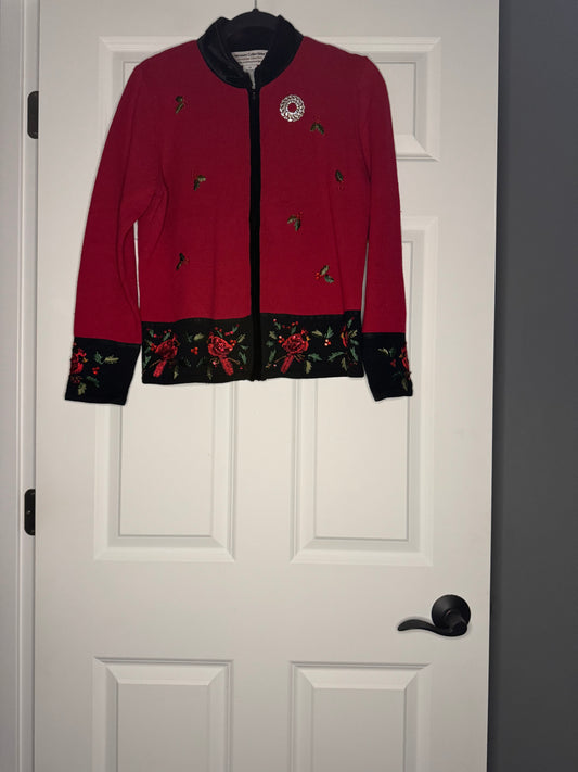 Heirloom collectibles Christmas collection cardigan medium red black green beading cardinals