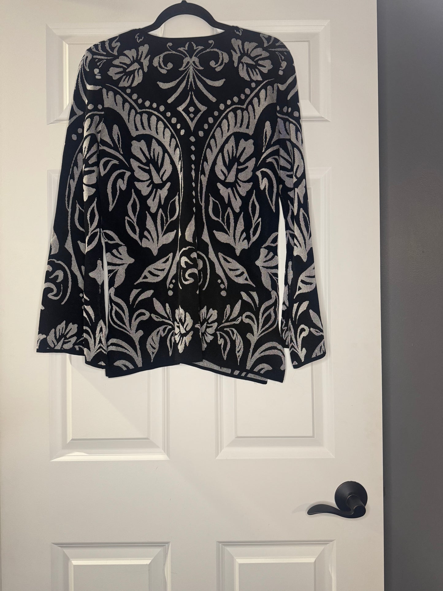 Boston Proper sweater medium black and silver floral bell sleeve