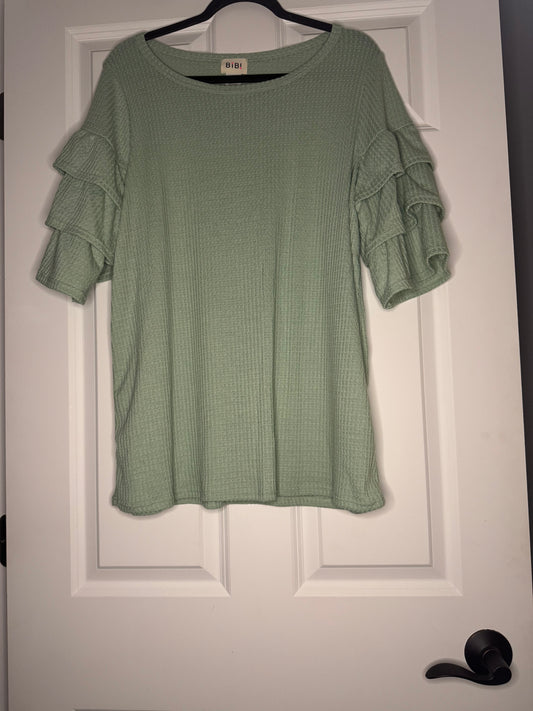 Bibi half sleeve ruffle sleeve waffle knit blouse green xl