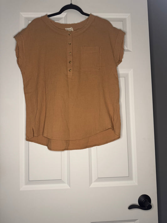 Hem and thread short sleeve blouse large brown distressed nwt 38