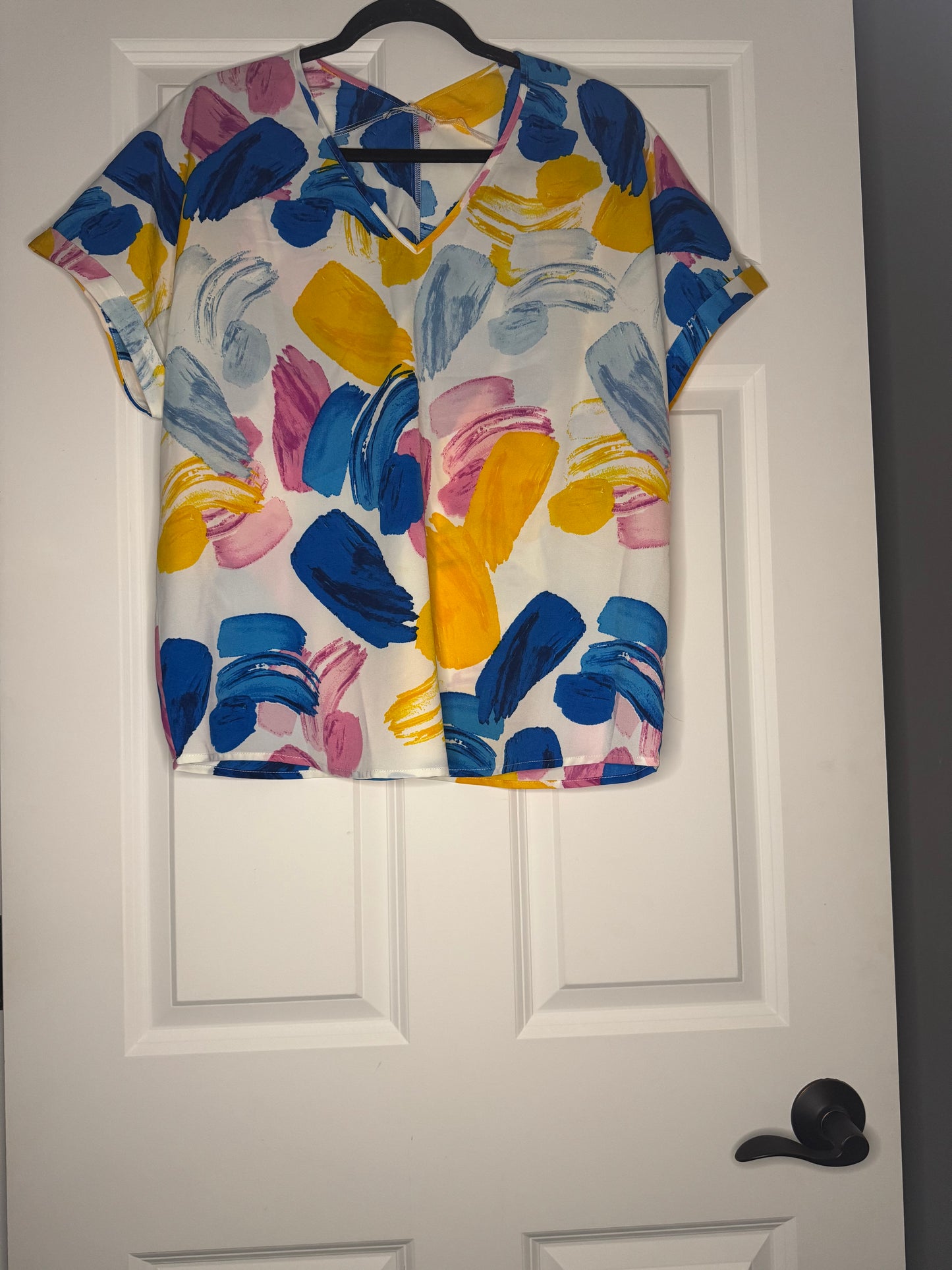 Staccato short sleeve blouse large white with yellow blue pink print