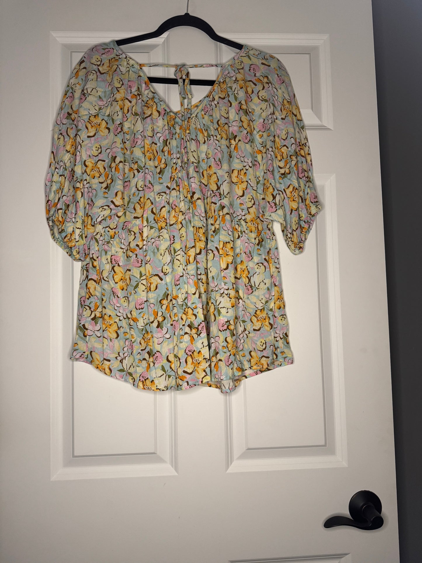 143 story half sleeve blouse large blue w yellow orange brown pink floral nwt 37