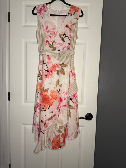 Calvin Klein sleeveless dress w belt white tan pink red brown floral size 14