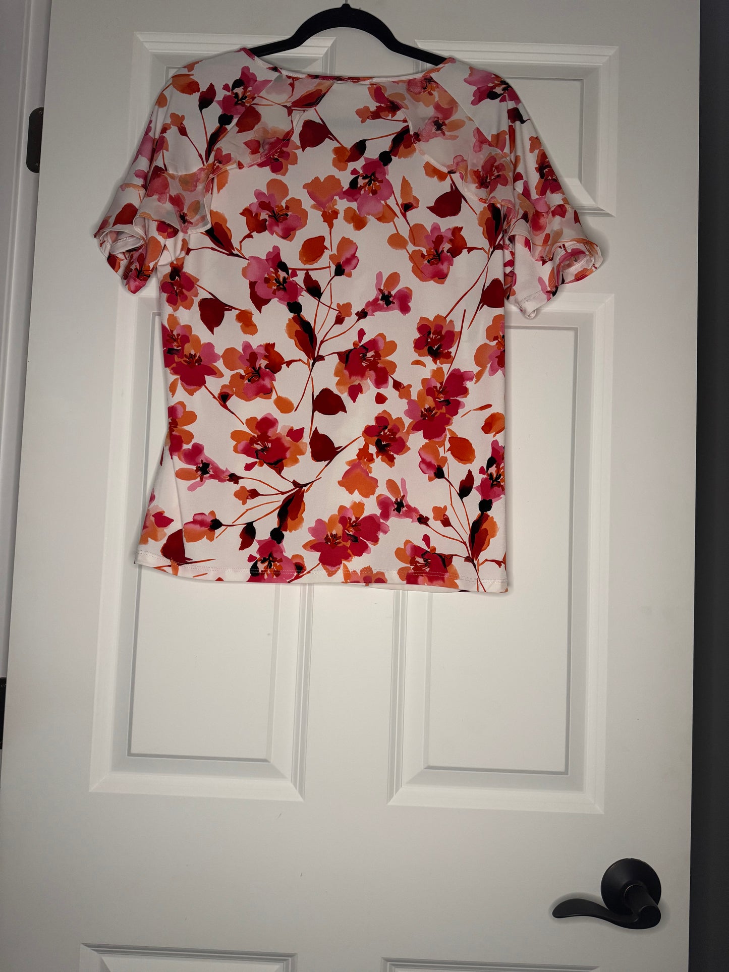 Calvin Klein short sleeve blouse large white w orange red black floral
