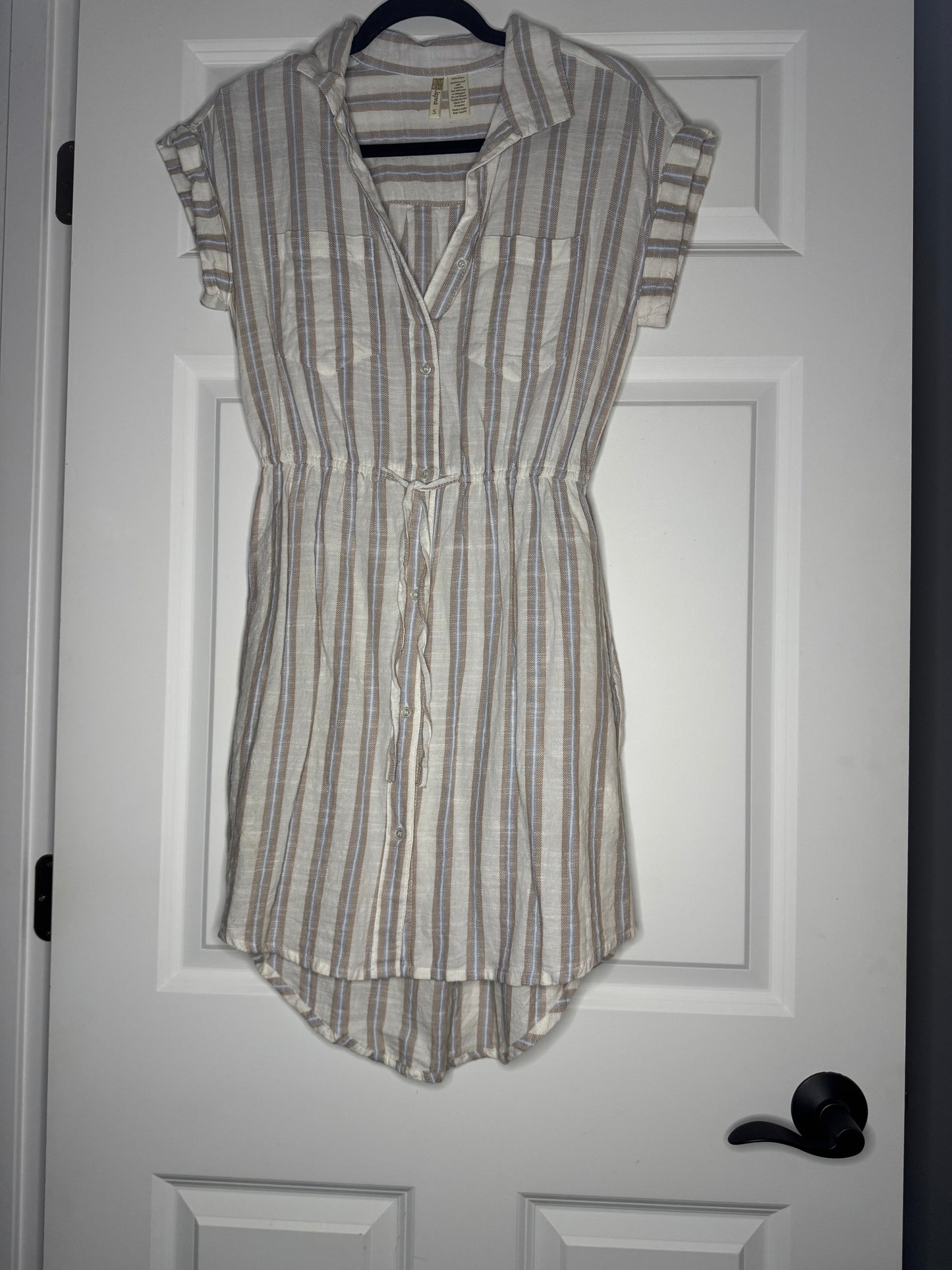 Japna short sleeve button up dress small cream tan blue stripe