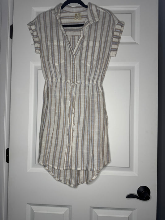 Japna short sleeve button up dress small cream tan blue stripe