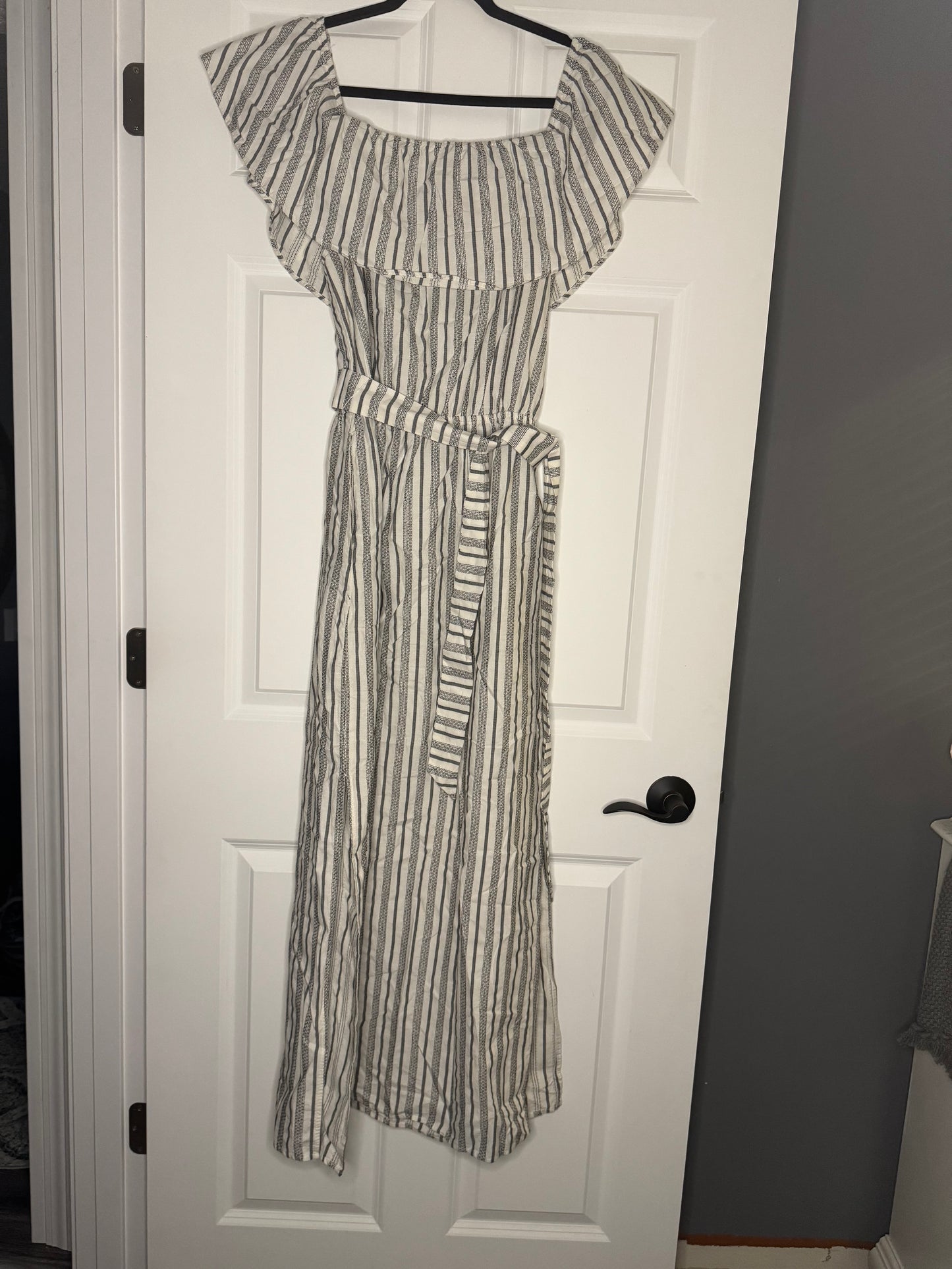 1 State short sleeve dress w belt long white blue/green stripe large